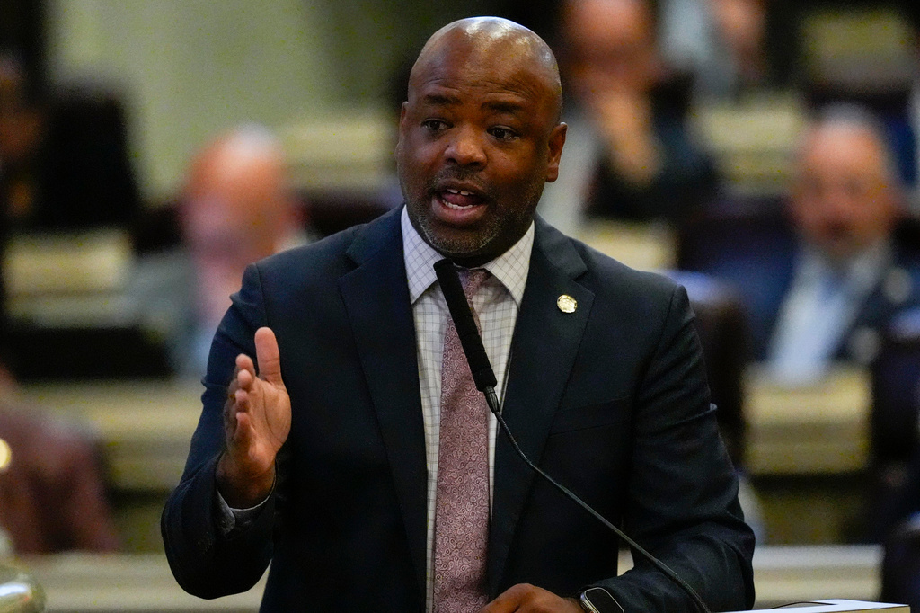 Democratic Rep. Christopher England speaks about HB 1, a redistricting bill, during a special session of the Alabama Legislature, Wednesday, May 6, 2026, in Montgomery, Ala. (AP Photo/Mike Stewart)