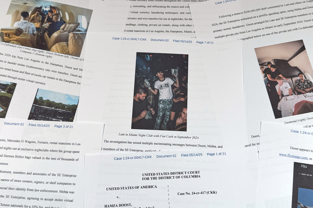 This Justice Department court filing in the case against Hamza Doost and Kunal Mehta, that includes a photo of Malone Lam, is photographed Friday, Sept. 4, 2026. (AP Photo/Jon Elswick)
