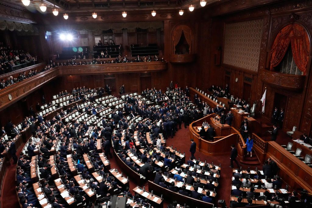 Members of the lower house of Japan's parliament attend a special session in Tokyo, Japan, Wednesday, Feb. 18, 2026, in Tokyo. (AP Photo/Eugene Hoshiko)