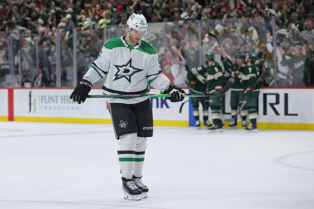 Dallas Stars right wing Mikko Rantanen (96) looks on after Minnesota Wild left wing Matt Boldy scored during the third period of Game 6 in the first round of the NHL hockey Stanley Cup playoff series Thursday, April 30, 2026, in St. Paul, Minn. (AP Photo/Bailey Hillesheim)