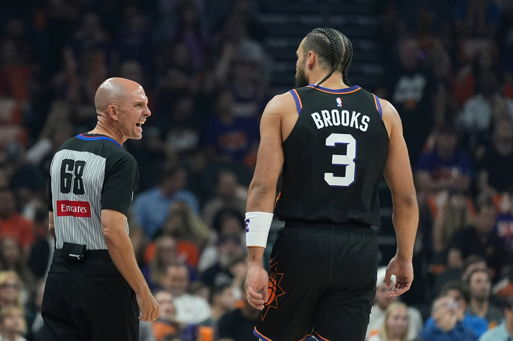 Phoenix Suns forward Dillon Brooks (3) argues with referee Jacyn Goble (68) before getting a technical foul called on him during the first half of Game 4 in a first-round NBA playoffs basketball series against the Oklahoma City Thunder, Monday, April 27, 2026, in Phoenix. (AP Photo/Ross D. Franklin)