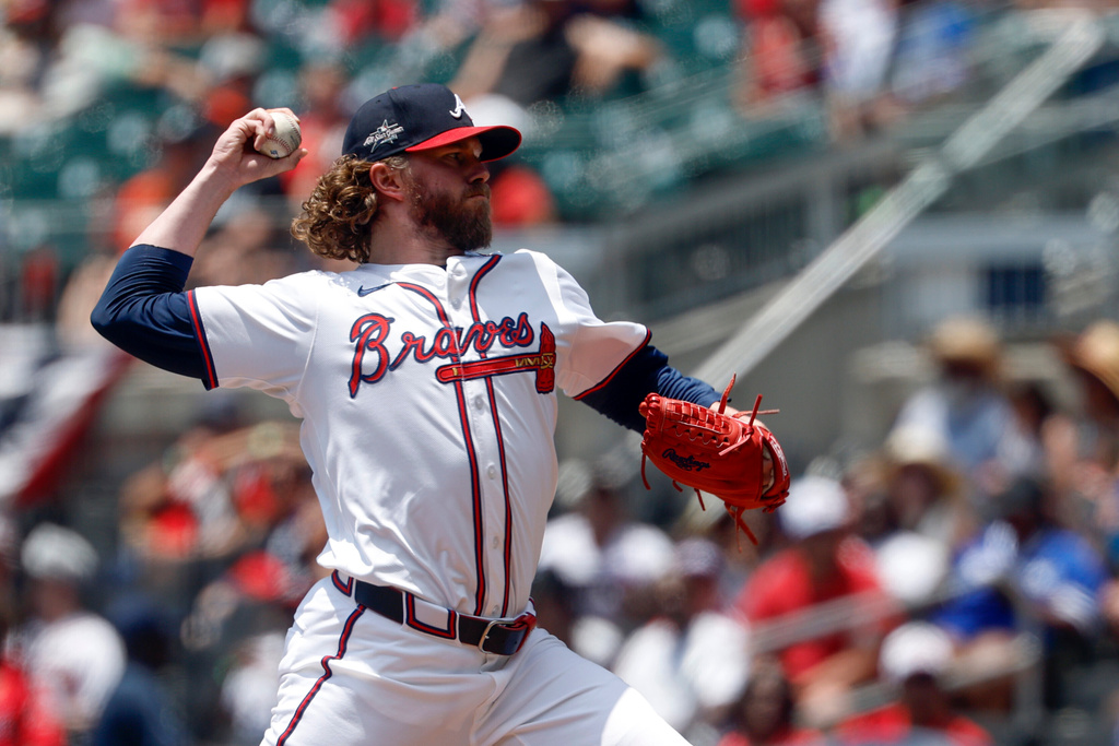 FILE - Atlanta Braves pitcher Pierce Johnson throws during the eighth inning of a baseball game against the Baltimore Orioles, July 6, 2025, in Atlanta. (AP Photo/Butch Dill, File)