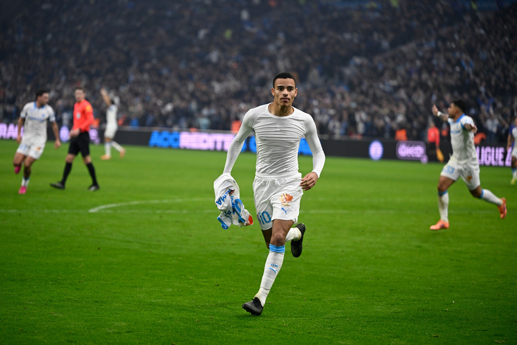 Marseille's Mason Greenwood celebrates scoring during the French League One soccer match between Marseille and Monaco in Marseille, France, Sunday, Dec. 14, 2025. (AP Photo/Philippe Magoni)