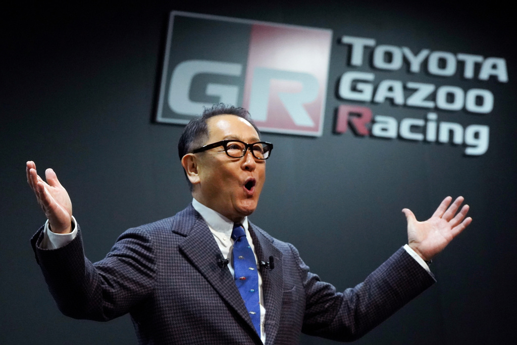 FILE - Then Toyota Motor Corp. Chief Executive Akio Toyoda delivers a speech on the stage at the Tokyo Auto Salon, an industry event similar to the world's auto shows on Jan. 13, 2023, in Chiba near Tokyo. (AP Photo/Eugene Hoshiko, File)