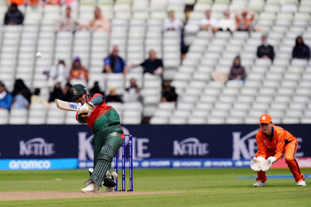 Bangladesh's Juairiya Ferdous hits a boundary during the ICC Women's T20 World Cup, Group 1 match between Bangladesh and Netherlands at Edgbaston in Birmingham, Sunday June 14, 2026. (Jacob King/PA via AP)