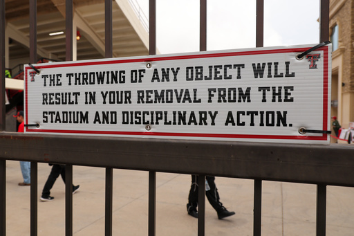 A sign is displayed prior to an NCAA college football game between Texas Tech and Oklahoma, Saturday, Oct. 25, 2025, in Lubbock, Texas. (AP Photo/Chase Seabolt) A sign is displayed prior to an NCAA college football game between Texas Tech and Oklahoma, Saturday, Oct. 25, 2025, in Lubbock, Texas. (AP Photo/Chase Seabolt)