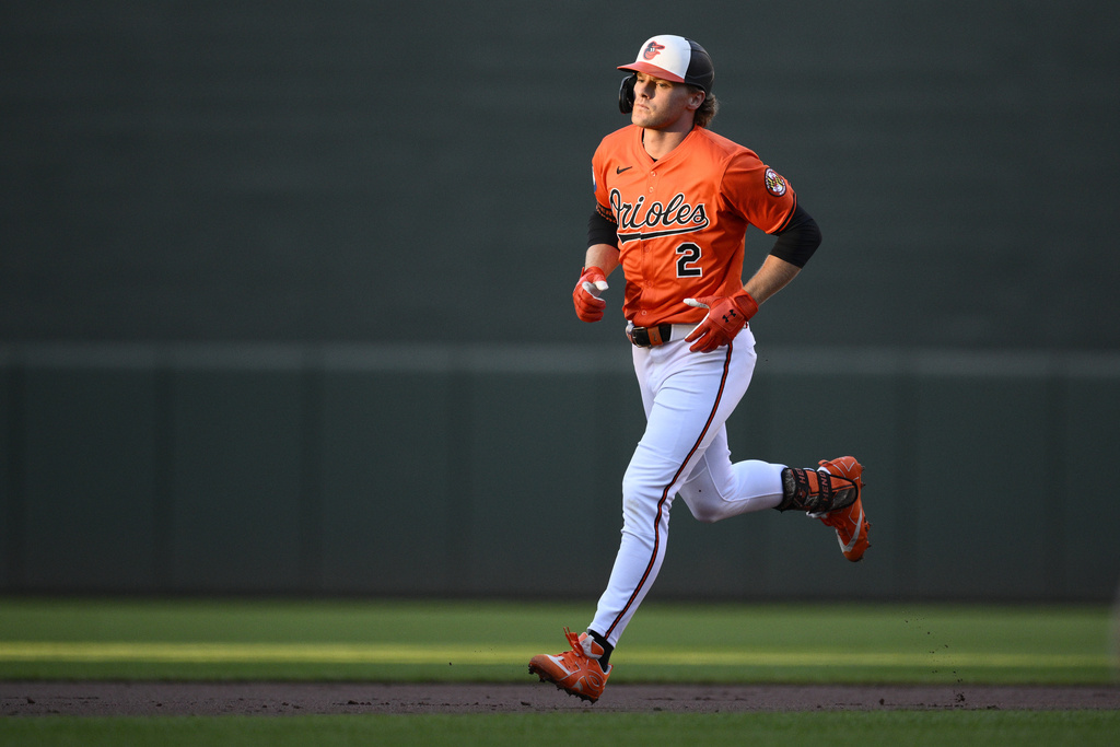 Baltimore Orioles' Gunnar Henderson rounds the bases on his three-run home run during the first inning of a baseball game against the Athletics, Saturday, Aug. 9, 2025, in Baltimore. (AP Photo/Nick Wass)