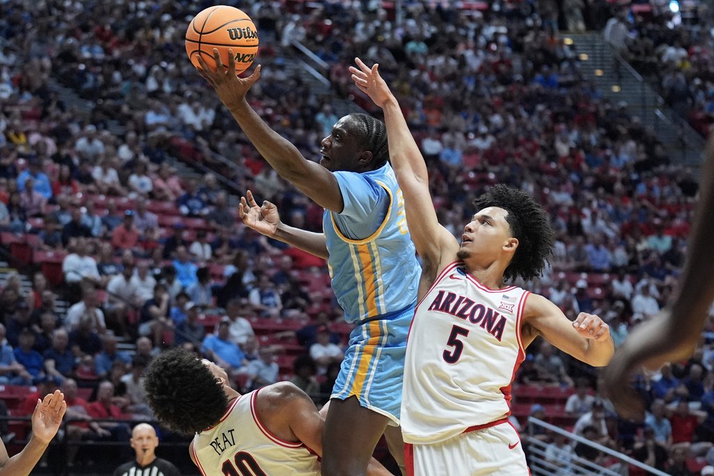 LIU forward Jamal Fuller, middle, is called for a charge while driving to the basket between Arizona forward Koa Peat, bottom, and guard Brayden Burries (5) during the first half in the first round of the NCAA college basketball tournament, Friday, March 20, 2026, in San Diego. (AP Photo/Marcio Jose Sanchez)