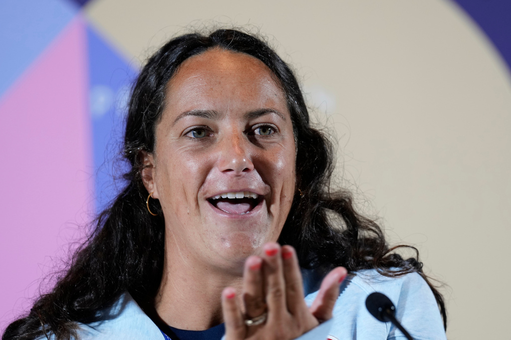 FILE - Maggie Steffens speaks to reporters during a news conference ahead of the 2024 Summer Olympics, July 24, 2024, in Paris. (AP Photo/Luca Bruno, File)