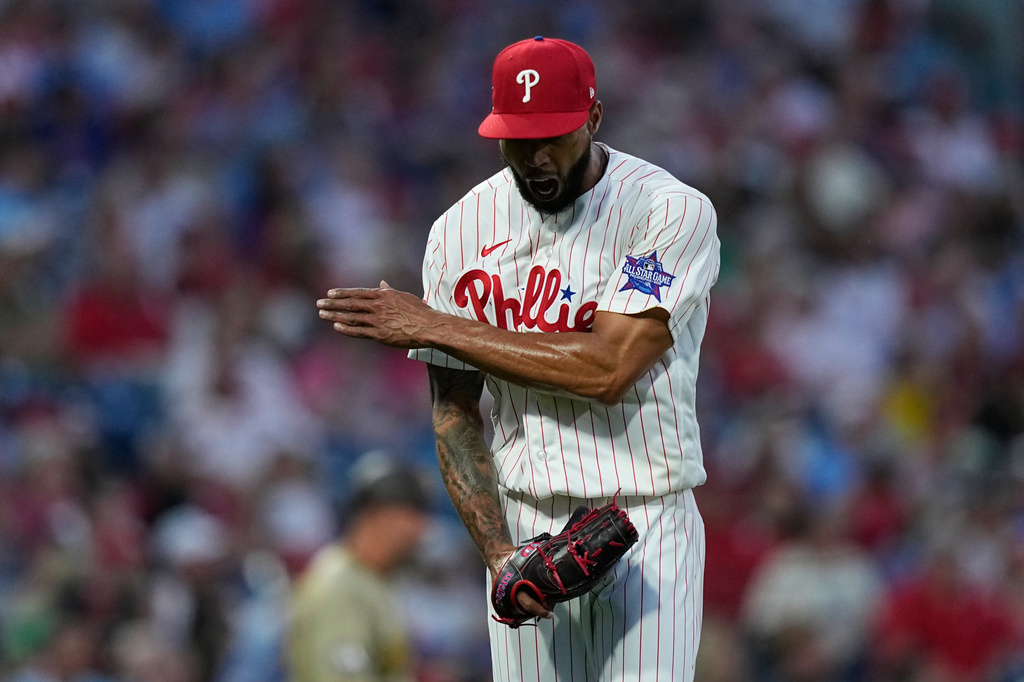 Philadelphia Phillies' Cristopher Sánchez reacts after pitching during the seventh inning of a baseball game against the San Diego Padres on Wednesday, June 3, 2026, in Philadelphia. (AP Photo/Matt Slocum)