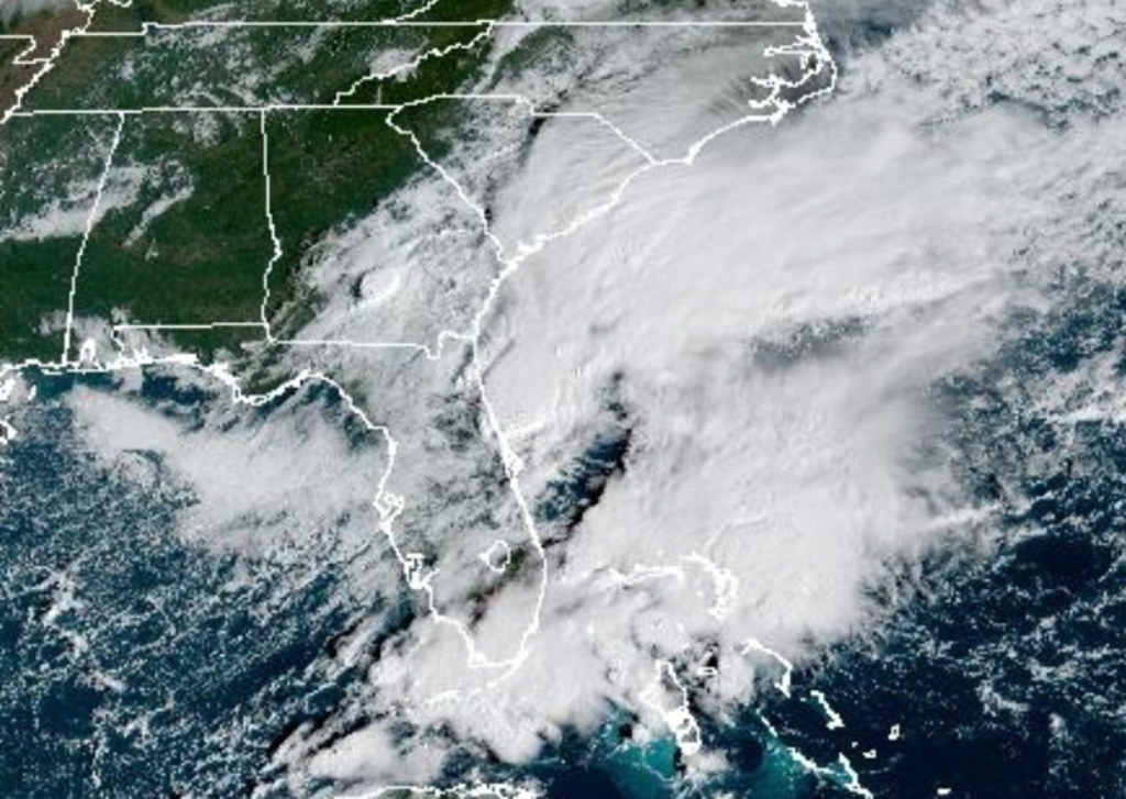 This satellite image provided by NOAA shows an unnamed Atlantic storm system in the Atlantic on Friday, Oct. 10, 2025. (NOAA via AP)