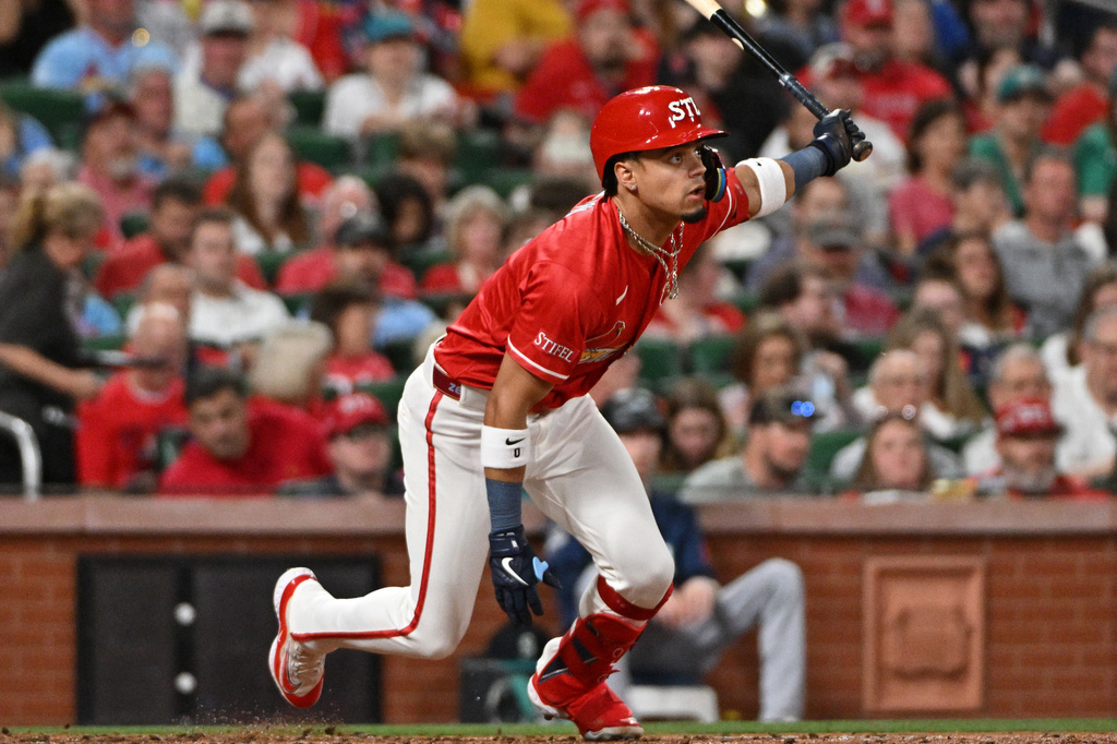 St. Louis Cardinals' Masyn Winn watches his two-run RBI single against the Seattle Mariners during the fourth inning of a baseball game, Friday, April 24, 2026, in St. Louis. (AP Photo/Jeff Le)