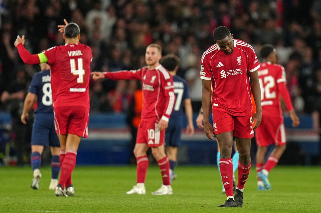 Liverpool's Ibrahima Konate bows his head at the end of the Champions League quarterfinal first leg soccer match between Paris Saint-Germain and Liverpool in Paris, Wednesday, April 8, 2026. (AP Photo/Aurelien Morissard)