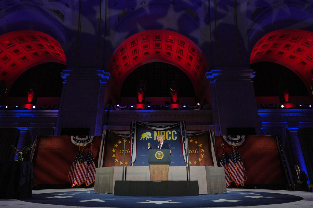 President Donald Trump speaks at the National Republican Congressional Committee's (NRCC) annual fundraising dinner, Wednesday, March 25, 2026, at Union Station in Washington. (AP Photo/Julia Demaree Nikhinson)