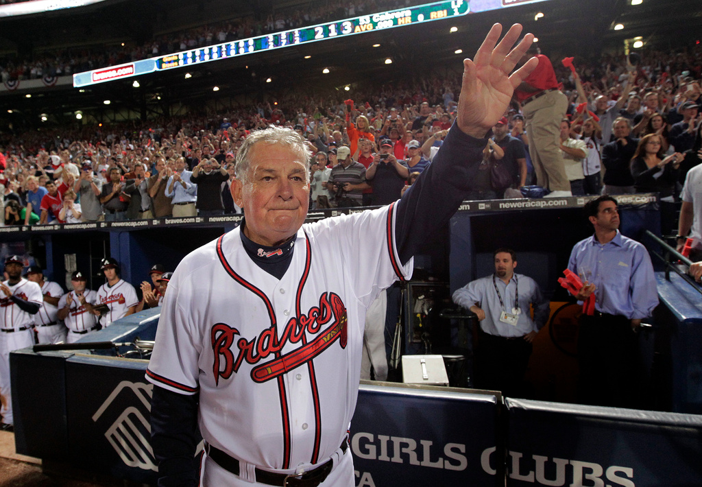 FILE - Atlanta Braves manager Bobby Cox waves to fans after a loss to the San Francisco Giants in Game 4 of baseball's National League Division Series in Atlanta, Oct. 11, 2010. (AP Photo/Dave Martin, File)