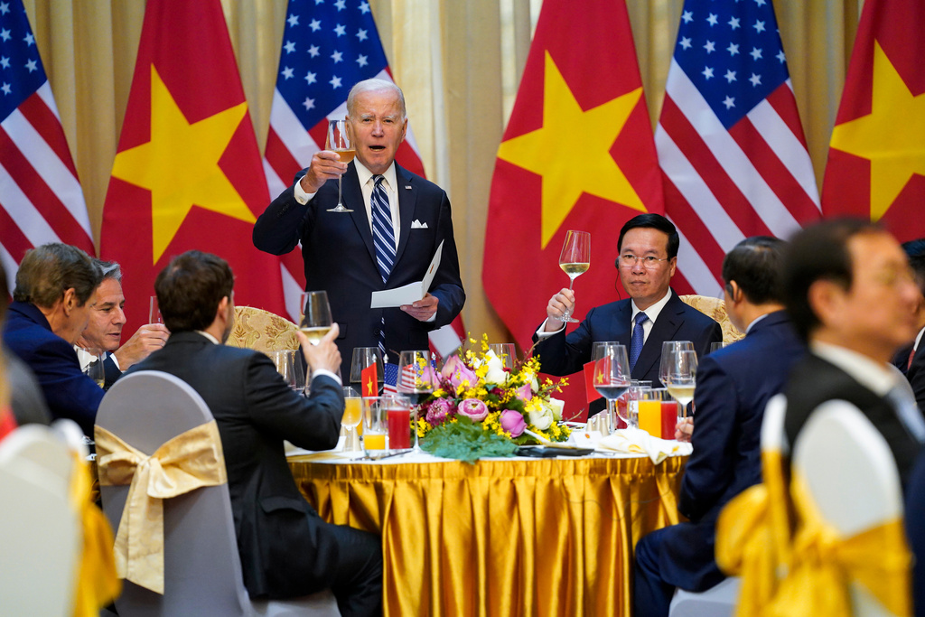 FILE - U.S. President Joe Biden raises a toast as he participates in a State Luncheon with Vietnam President Vo Van Thuong in Hanoi, Vietnam, on Sept. 11, 2023. (AP Photo/Evan Vucci, File)