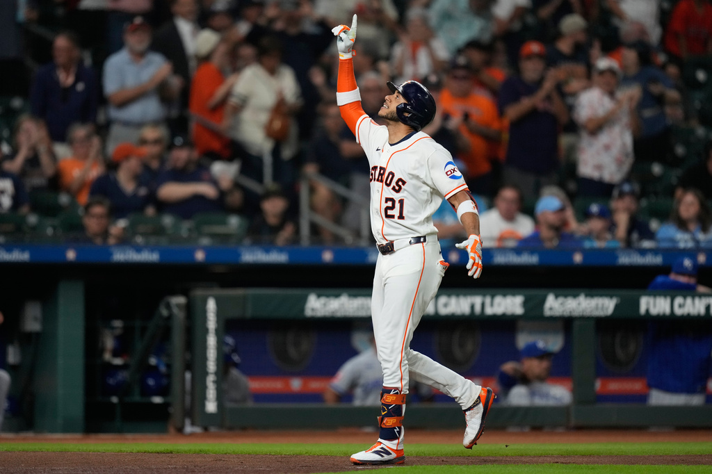Houston Astros shortstop Jeremy Peña celebrates after hitting a home run during the third inning of a baseball game against the Kansas City Royals in Houston, Tuesday, Sept. 15, 2026. (AP Photo/Ashley Landis)