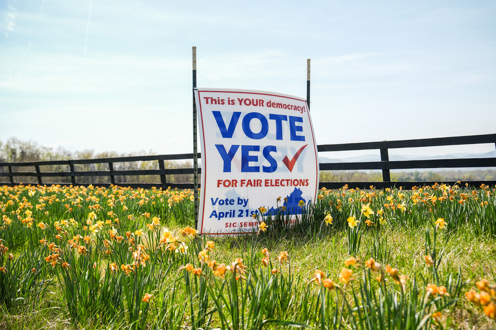 A sign supporting the Virginia redistricting referendum stands among flowers Friday, April 3, 2026, in Madison, Va. (AP Photo/Julia Demaree Nikhinson)