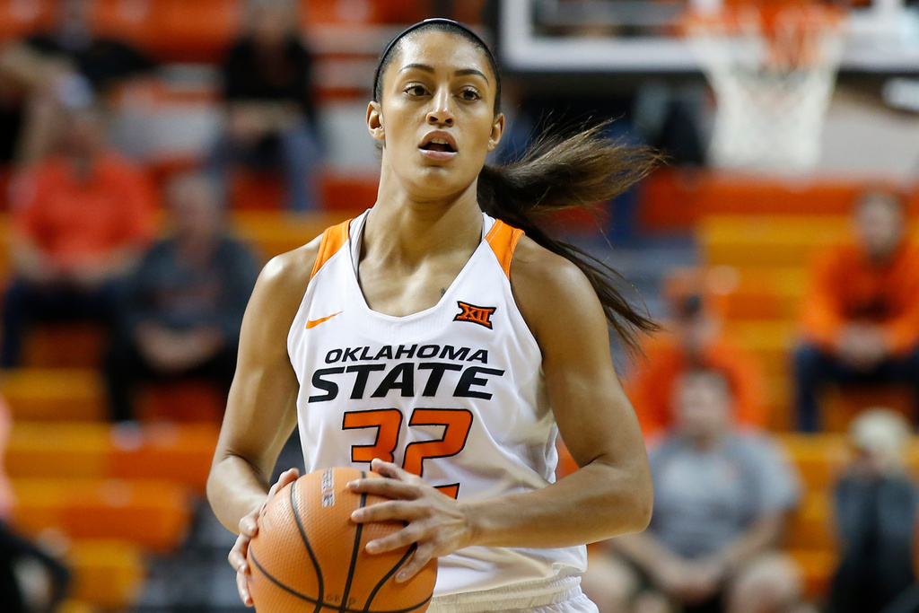 FILE - Oklahoma State guard Loryn Goodwin (32) holds the ball during an NCAA college basketball game against Iowa State in Stillwater, Okla., Jan. 24, 2018. (AP Photo/Sue Ogrocki, File)