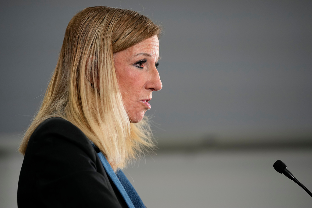 WNBA commissioner Cathy Engelbert speaks prior to Game 1 of a WNBA basketball final playoff series between the Las Vegas Aces and the Phoenix Mercury, Friday, Oct. 3, 2025, in Las Vegas. (AP Photo/John Locher)