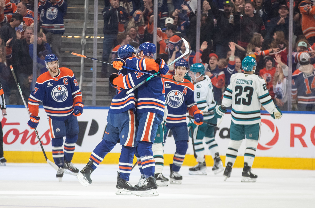 Edmonton Oilers players celebrate a goal against the San Jose Sharks during the third period of an NHL hockey game, in Edmonton, Alberta, Thursday, Jan. 29, 2026. (Jason Franson/The Canadian Press via AP)