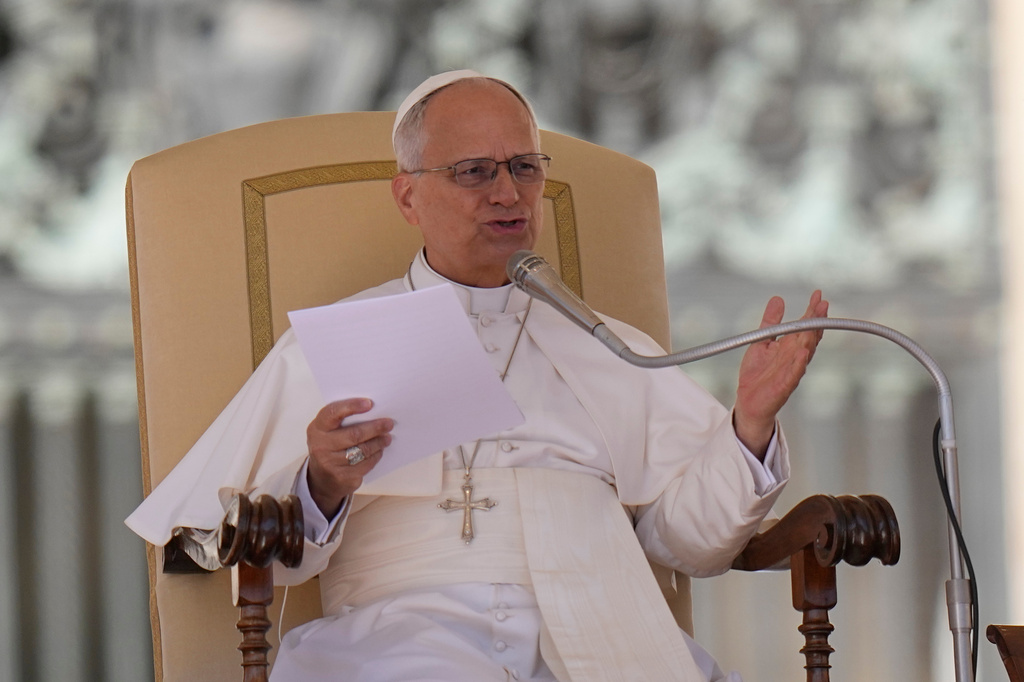 Pope Leo XIV delivers his speech during his weekly general audience in St. Peter's Square, at the Vatican, Wednesday, Sept. 23, 2026. (AP Photo/Alessandra Tarantino)