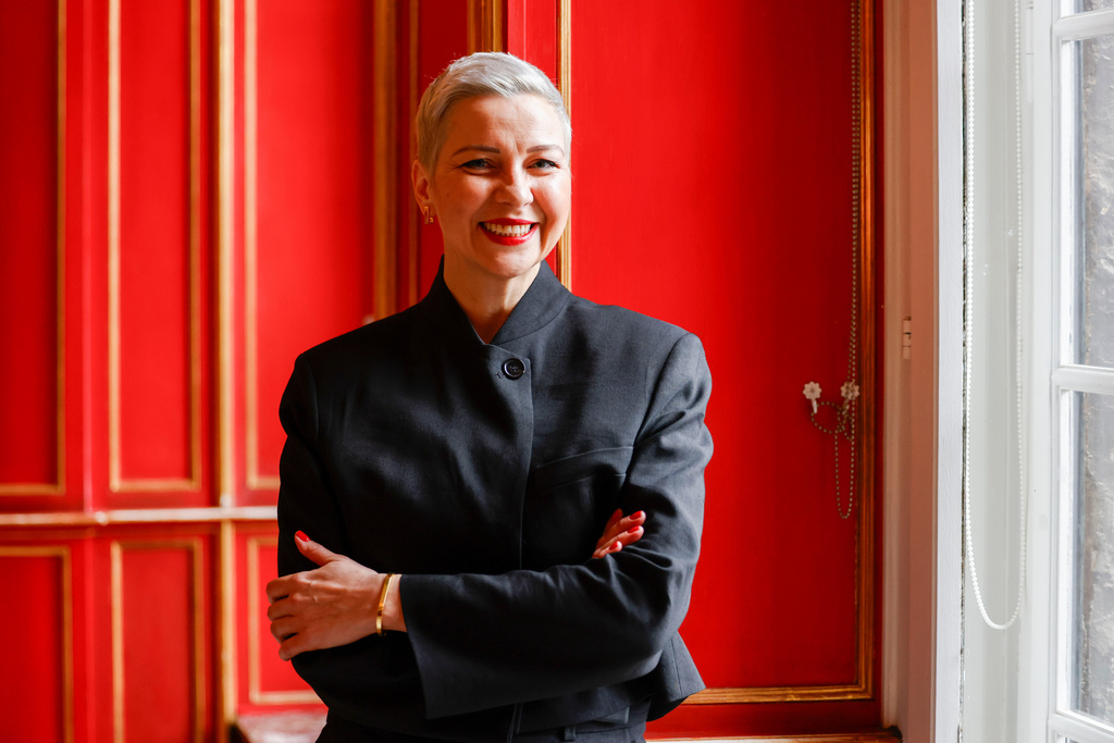 Laureate Maria Kolesnikova stands for a photo in the town hall in Aachen, Germany, Saturday, March 14, 2026, before receiving the International Charlemagne Prize. (Thomas Banneyer/dpa via AP)