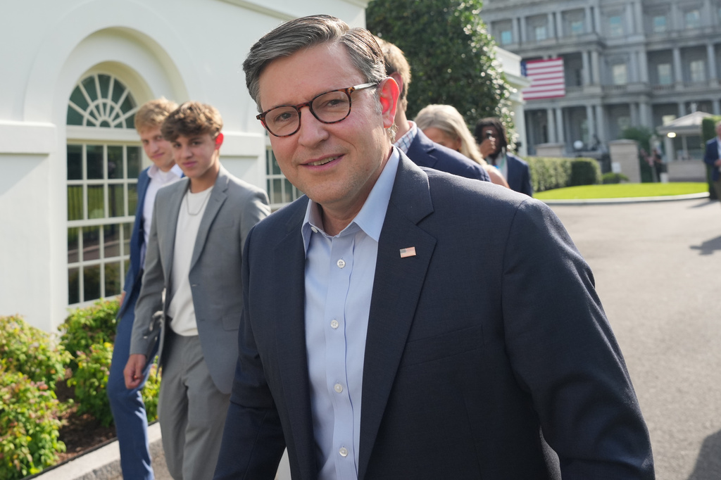 House Speaker Mike Johnson of La., arrives at the White House ahead of the UFC Freedom 250 on the South Lawn, Sunday, June 14, 2026, in Washington. (AP Photo/Alex Brandon)