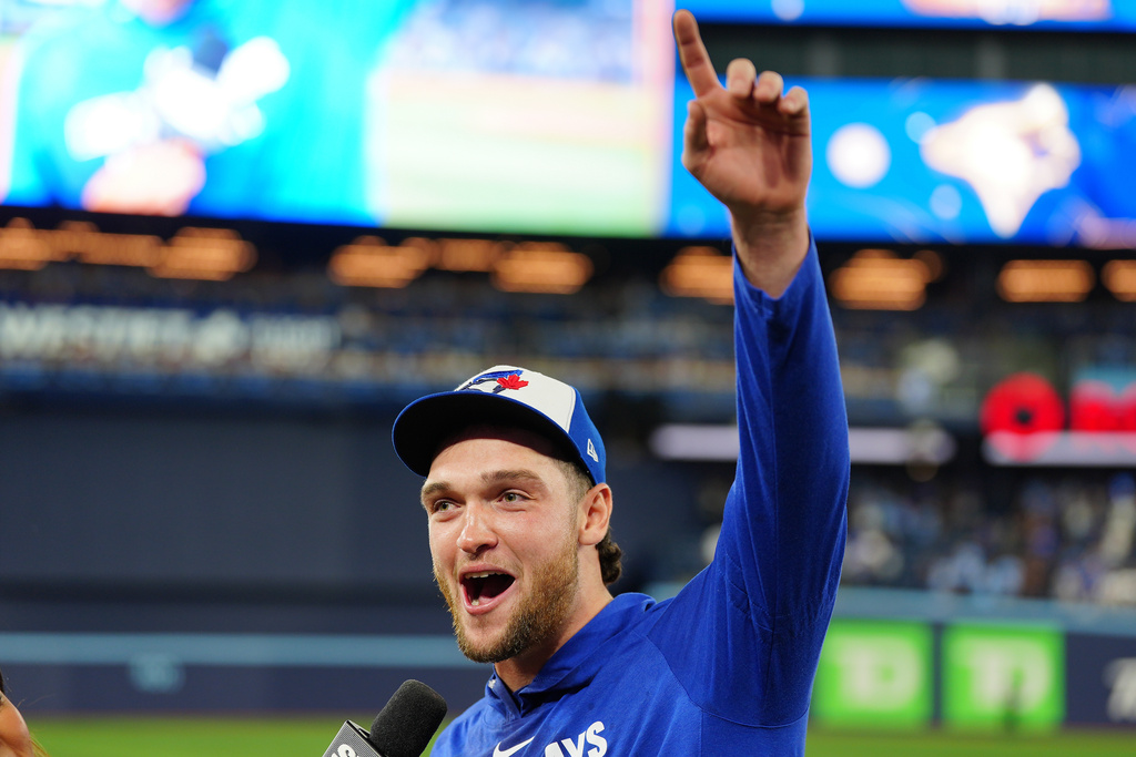 Toronto Blue Jays pitcher Trey Yesavage celebrates following his team's win over the New York Yankees in Game 2 of baseball's American League Division Series in Toronto, Sunday, Oct. 5, 2025. (Frank Gunn/The Canadian Press via AP)