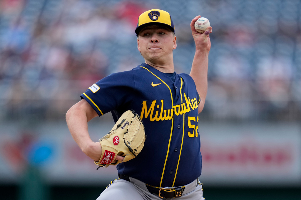 Milwaukee Brewers starting pitcher Kyle Harrison throws to the Washington Nationals during the first inning of a baseball game, Saturday, May 2, 2026, in Washington. (AP Photo/Jess Rapfogel)