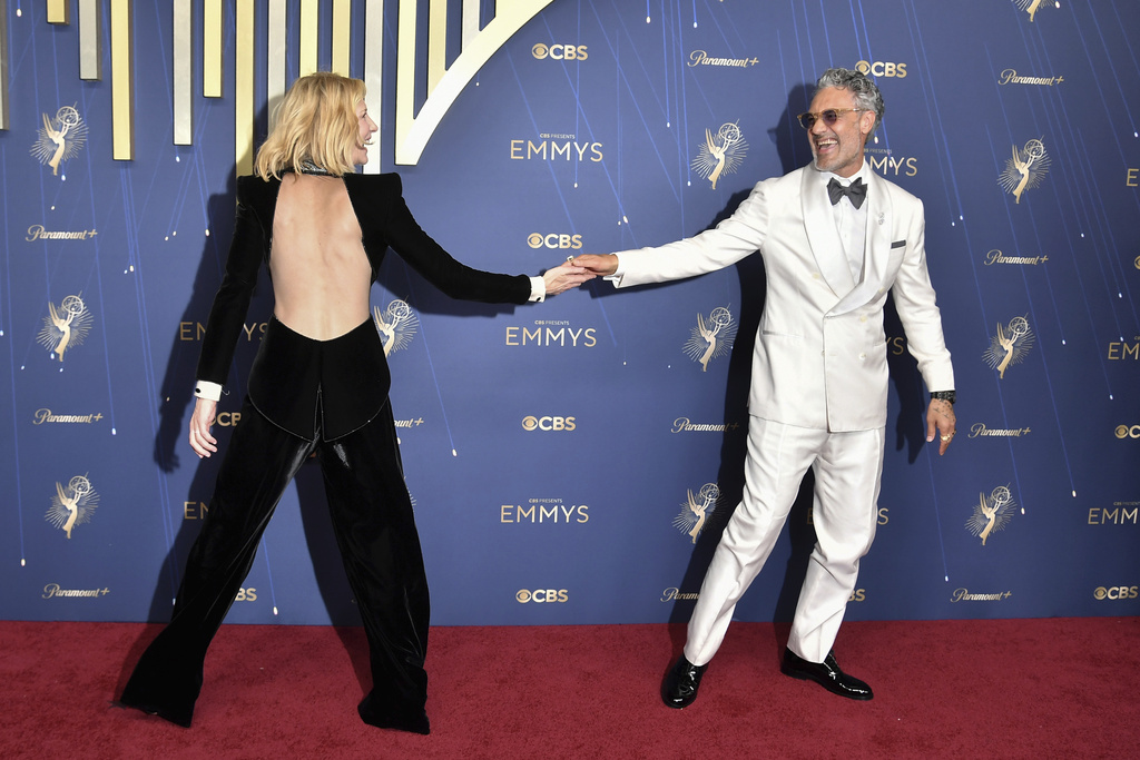 Cate Blanchett, left, and Taika Waititi arrive at the 77th Primetime Emmy Awards on Sunday, Sept. 14, 2025, at the Peacock Theater in Los Angeles. (Photo by Richard Shotwell/Invision/AP)
