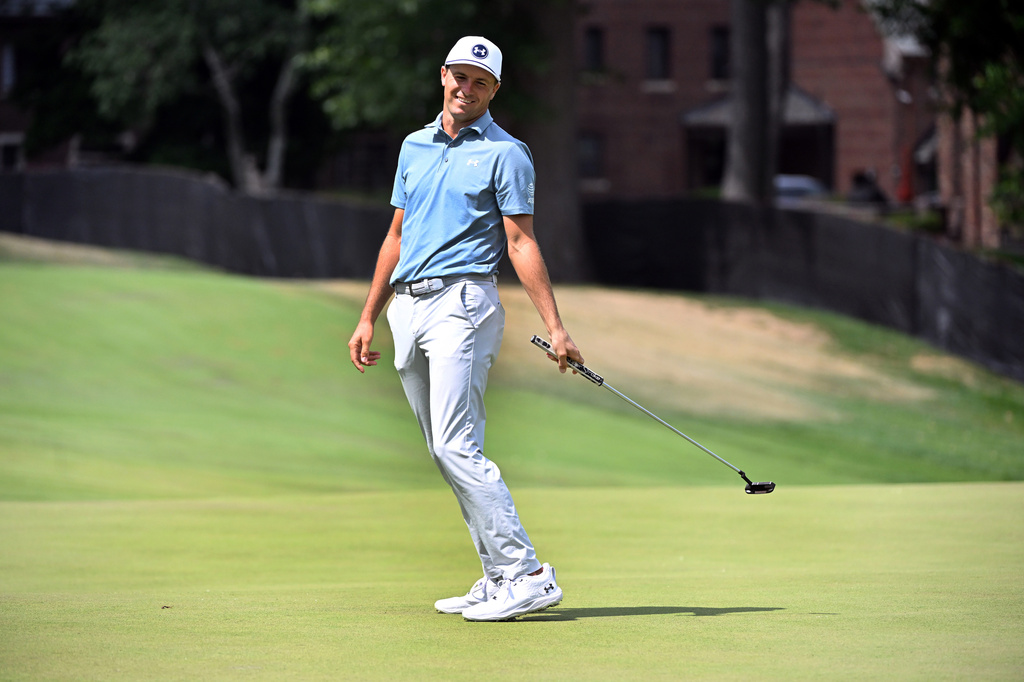 Jordan Spieth reacts after missing a birdie putt on the ninth green during the first round of the Rocket Classic golf tournament at the Detroit Golf Club, Thursday, July 30, 2026, in Detroit. (AP Photo/Jose Juarez)
