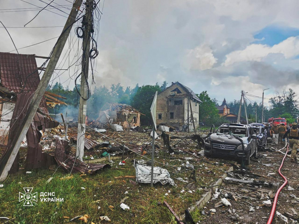 This photo provided by the Ukrainian Emergency Service, shows the site of Russian missile strikes in Kyiv region, Ukraine, Friday, July 24, 2026. (Ukrainian Emergency Service via AP)