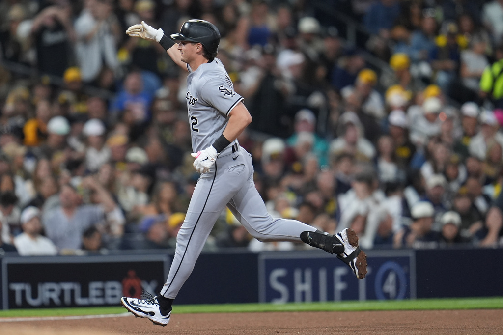 Chicago White Sox's Colson Montgomery celebrates his home run during the fifth inning of a baseball game against the San Diego Padres Friday, May 1, 2026, in San Diego. (AP Photo/Gregory Bull)