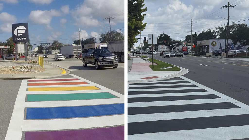 This combination of photos shows a rainbow crosswalk that was removed overnight Thursday, Aug. 21, 2025, outside of the Pulse nightclub, where 49 people were gunned down in June 2016, in Orlando, Fla. The lefthand image shows the crosswalk in 2017. (Ryan Gillespie/Orlando Sentinel via AP)