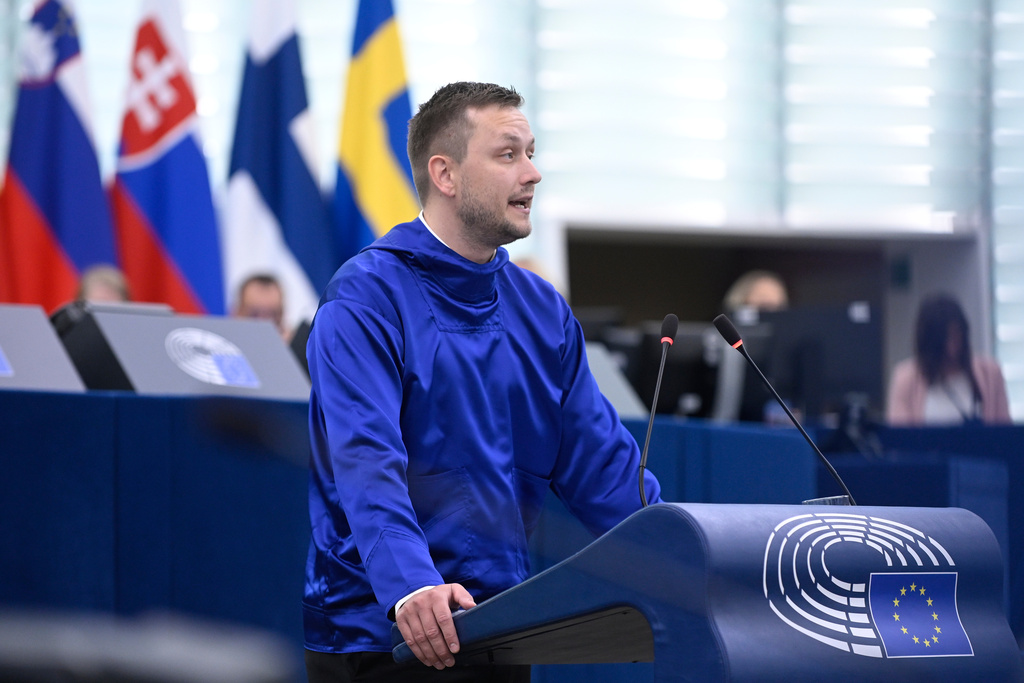 Prime Minister of Greenland Jens-Frederik Nielsen delivers a speech Wednesday, Oct. 8, 2025 at the European Parliament in Strasbourg, eastern France. (AP Photo/Pascal Bastien)