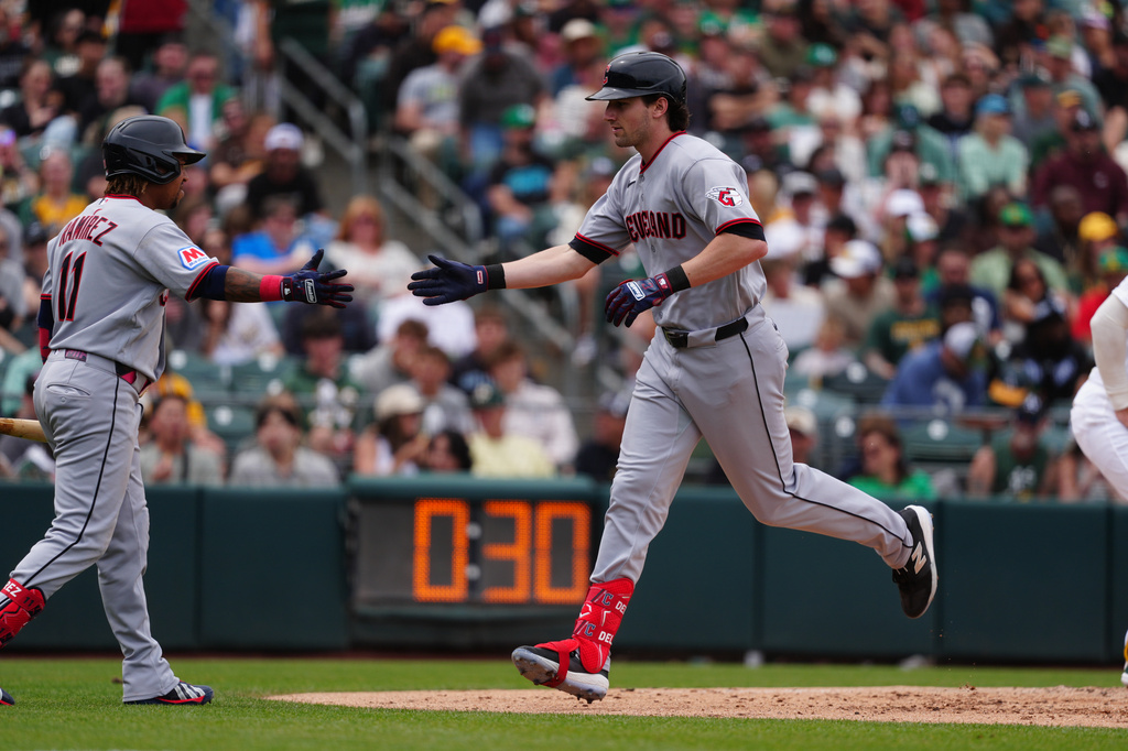 Cleveland Guardians' Chase DeLauter, right, is greeted at home plate by José Ramírez (11) after hitting a home run in the fifth inning during a baseball game against the Athletics, Sunday, May 3, 2026, in West Sacramento, Calif. (AP Photo/Alan Greth)
