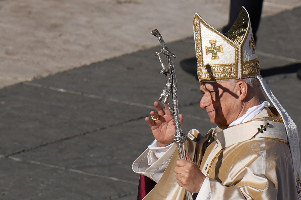 Pope Leo XIV leaves after a Mass for the Jubilee of the Choirs in St. Peter's Square, at the Vatican, Sunday, Nov. 23, 2025. (AP Photo/Alessandra Tarantino)