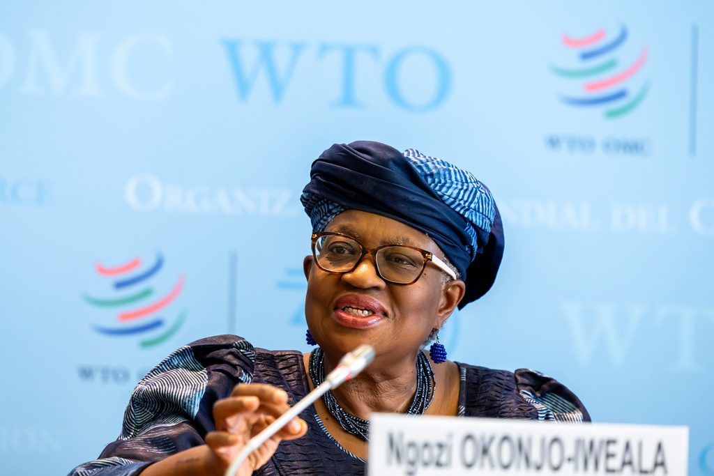 Nigeria's Ngozi Okonjo-Iweala, Director General of the World Trade Organisation (WTO), speaks to the media about the report "Global Trade Outlook and Statistics – October 2025 update", during a press conference at the headquarters of the World Trade Organization (WTO) in Geneva, Switzerland, Tuesday, Oct. 7, 2025. (Salvatore Di Nolfi/Keystone via AP)