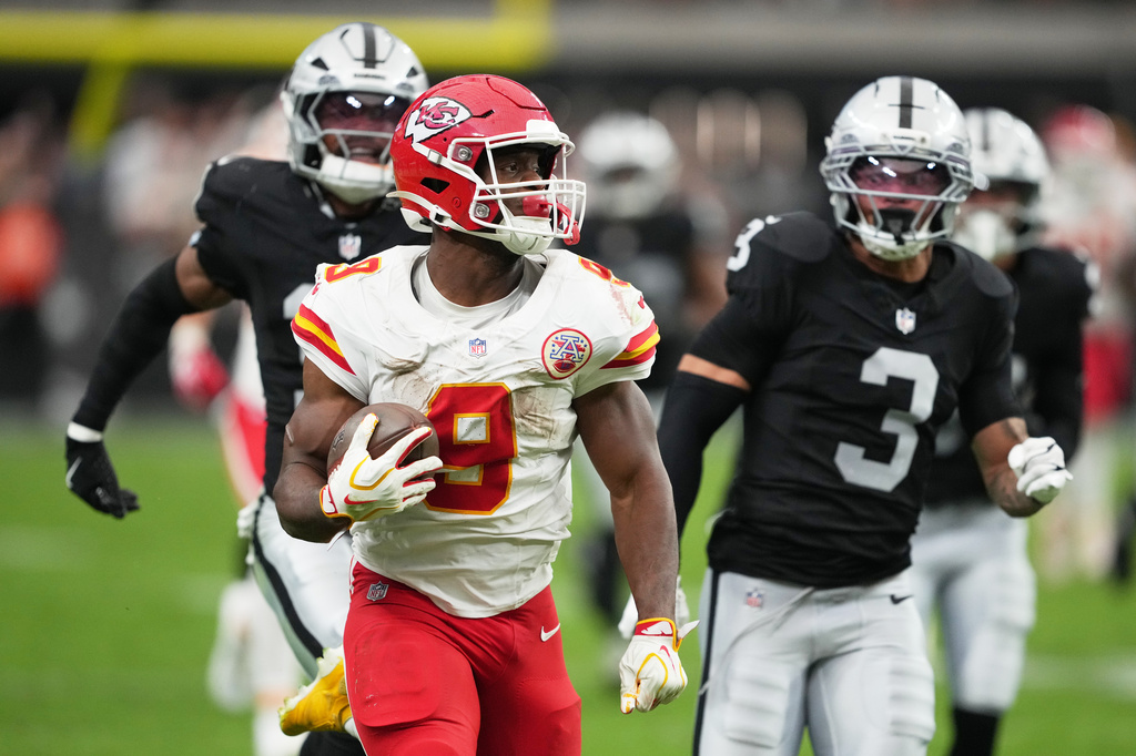Kansas City Chiefs running back Kenneth Walker (9) runs during the second half of an NFL football game against the Las Vegas Raiders in Las Vegas, Sunday, Oct. 4, 2026. (AP Photo/Rick Scuteri)