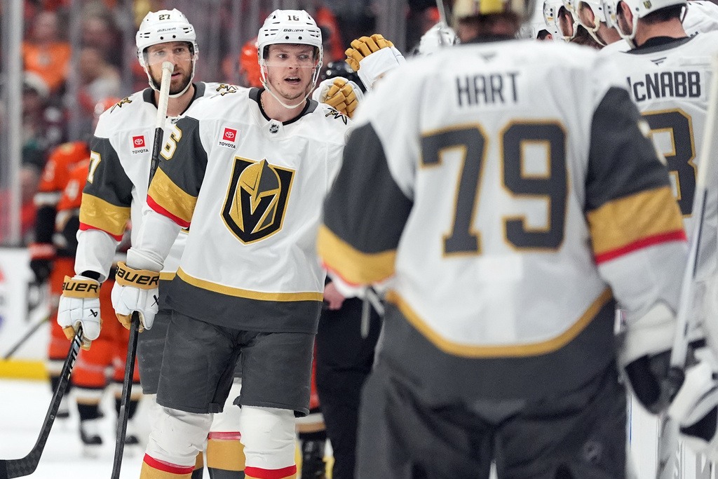 Vegas Golden Knights' Pavel Dorofeyev (16) celebrates his goal against the Anaheim Ducks during the first period of an NHL hockey game Sunday, May 10, 2026, in Anaheim, Calif. (AP Photo/Scott Strazzante)