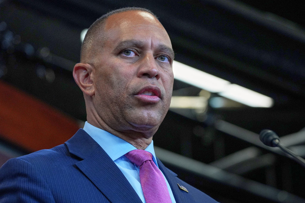 House Minority Leader Hakeem Jeffries, D-N.Y., speaks during a news conference on Capitol Hill, Monday, Sept. 14, 2026, in Washington. (AP Photo/Mariam Zuhaib)