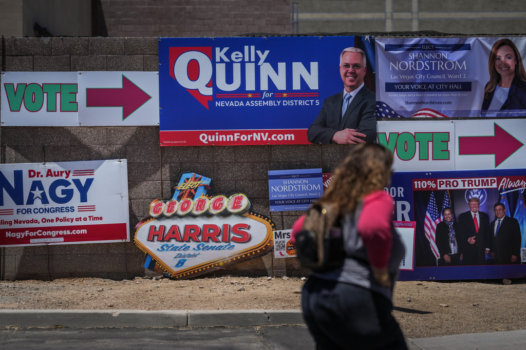 Campaign signs are display outside a vote center Tuesday, June 9, 2026, in Las Vegas. (AP Photo/Jae C. Hong)
