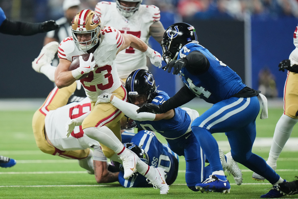 San Francisco 49ers running back Christian McCaffrey (23) runs against the Indianapolis Colts during the first half of an NFL football game, Monday, Dec. 22, 2025, in Indianapolis. (AP Photo/AJ Mast)