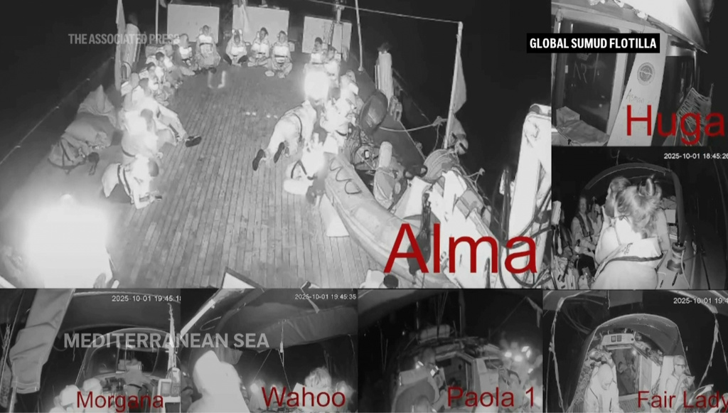 Activists on board a flotilla of vessels sailing toward Gaza say the Israeli navy has begun intercepting their vessels as they approach the besieged Palestinian territory, Wednesday, Oct. 1, 2025. (Global Sumud Flottila via AP)