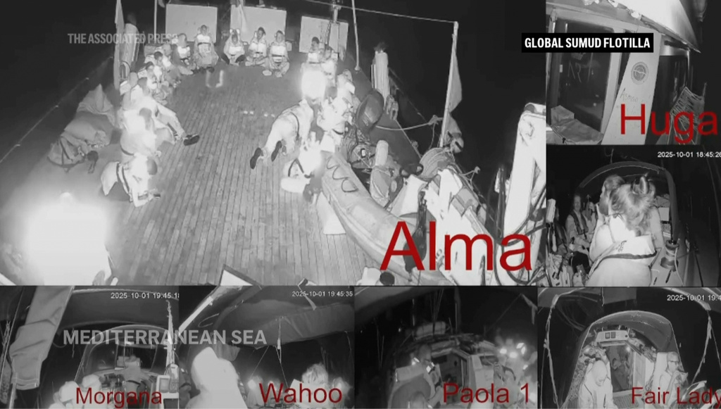 Activists on board a flotilla of vessels sailing toward Gaza say the Israeli navy has begun intercepting their vessels as they approach the besieged Palestinian territory, Wednesday, Oct. 1, 2025. (Global Sumud Flottila via AP)