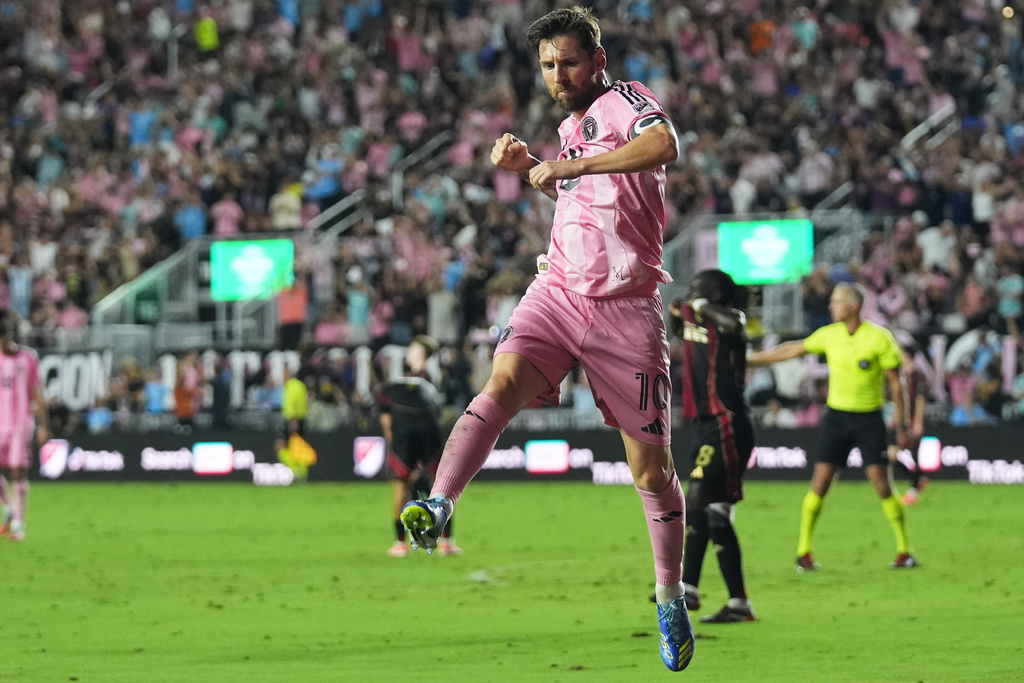 Inter Miami forward Lionel Messi reacts after scoring a goal during the first half of an MLS soccer match against Atlanta United, Saturday, Oct. 11, 2025, in Fort Lauderdale, Fla. (AP Photo/Lynne Sladky)