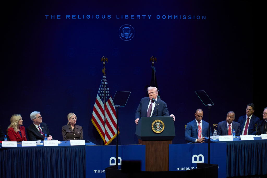 FILE - President Donald Trump speaks to the White House Religious Liberty Commission during an event at the Museum of the Bible, Sept. 8, 2025, in Washington. (AP Photo/Evan Vucci, File)