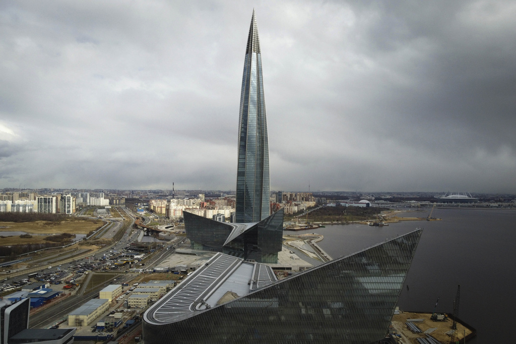 FILE - The Lakhta Center, which houses the headquarters of the Russian gas monopoly, Gazprom, is seen in St. Petersburg, Russia, on April 27, 2022. (AP Photo/Dmitri Lovetsky, File)
