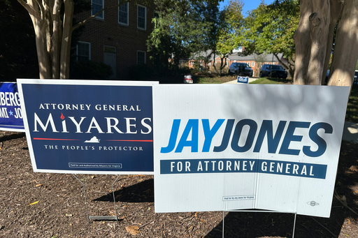 Campaign signs for Republican Virginia Attorney General Jason Miyares and Democratic challenger Jay Jones appear outside the elections office for the City of Fairfax, Va., Friday, Oct. 17, 2025. (AP Photo/Robert Yoon) Campaign signs for Republican Virginia Attorney General Jason Miyares and Democratic challenger Jay Jones appear outside the elections office for the City of Fairfax, Va., Friday, Oct. 17, 2025. (AP Photo/Robert Yoon)